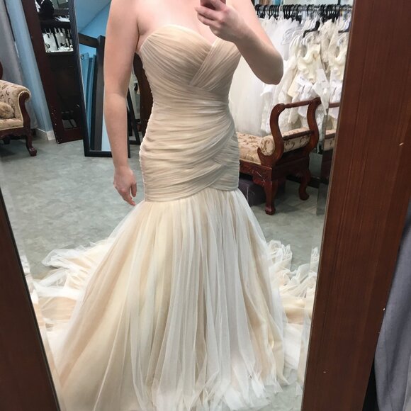 Sample Champagne Asymmetrical Ruched Fit & Flare Wedding Dress, Corset Laceup - Picture 4 of 12